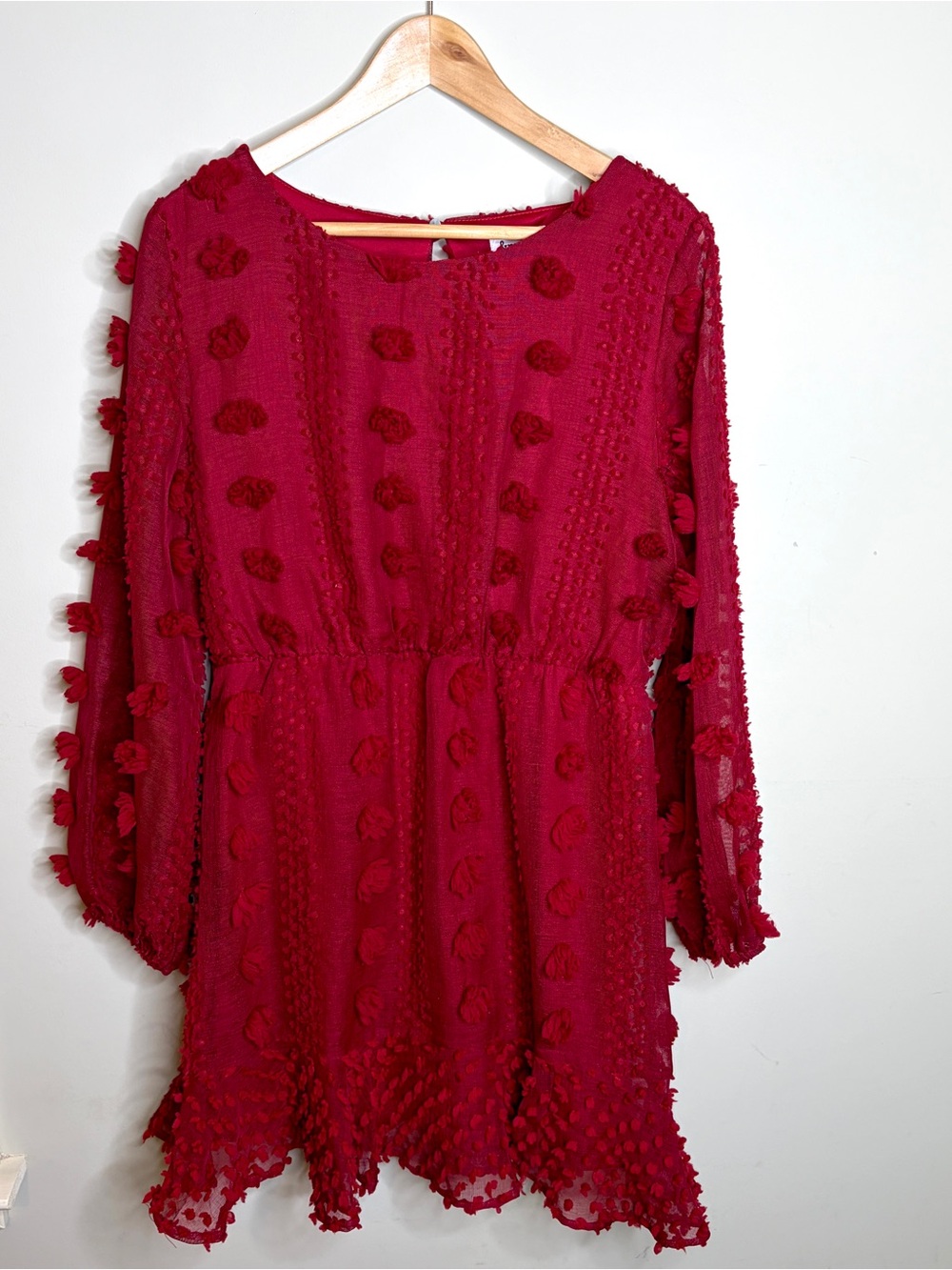 &Merci Red Textured Pom-Pom Long Sleeve Mini Dress Size Large
